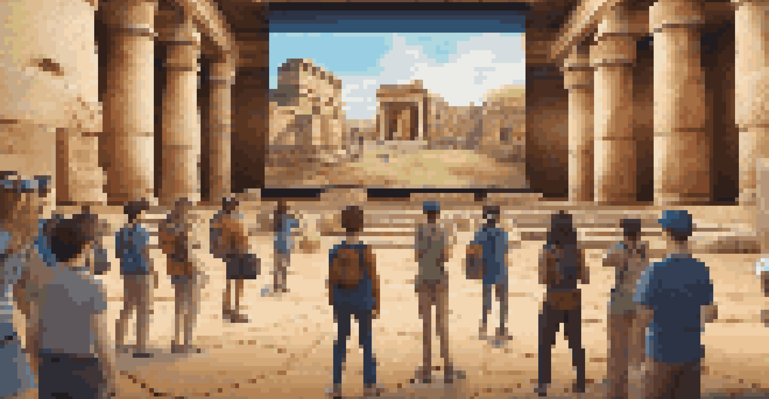 A group of students engaged in an augmented reality field trip, wearing headsets and exploring 3D models of ancient ruins displayed on a screen.