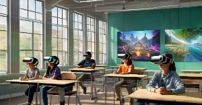 A modern classroom where students are using virtual reality headsets to interact with 3D holograms, showcasing an engaging learning atmosphere.