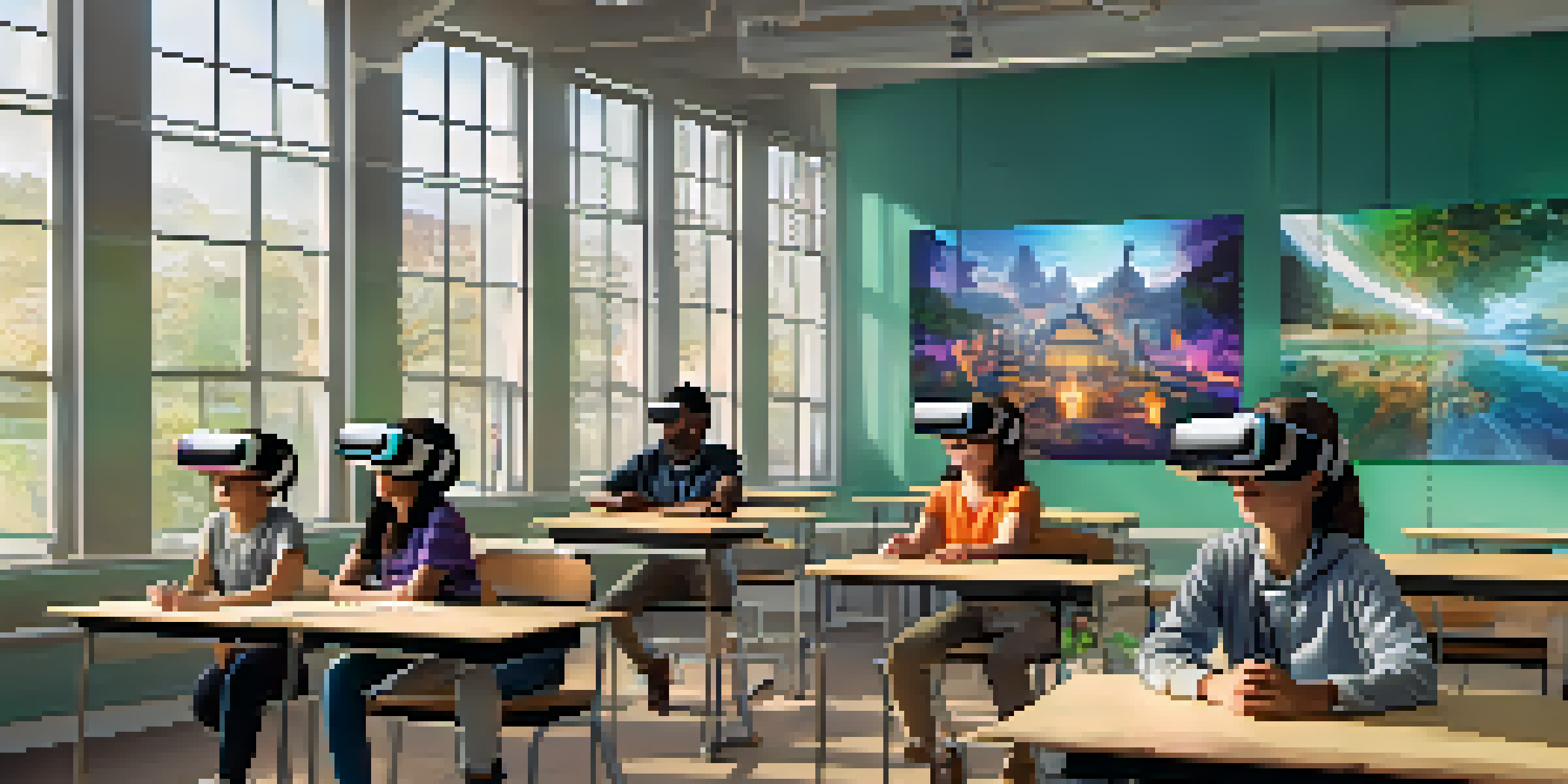 A modern classroom where students are using virtual reality headsets to interact with 3D holograms, showcasing an engaging learning atmosphere.