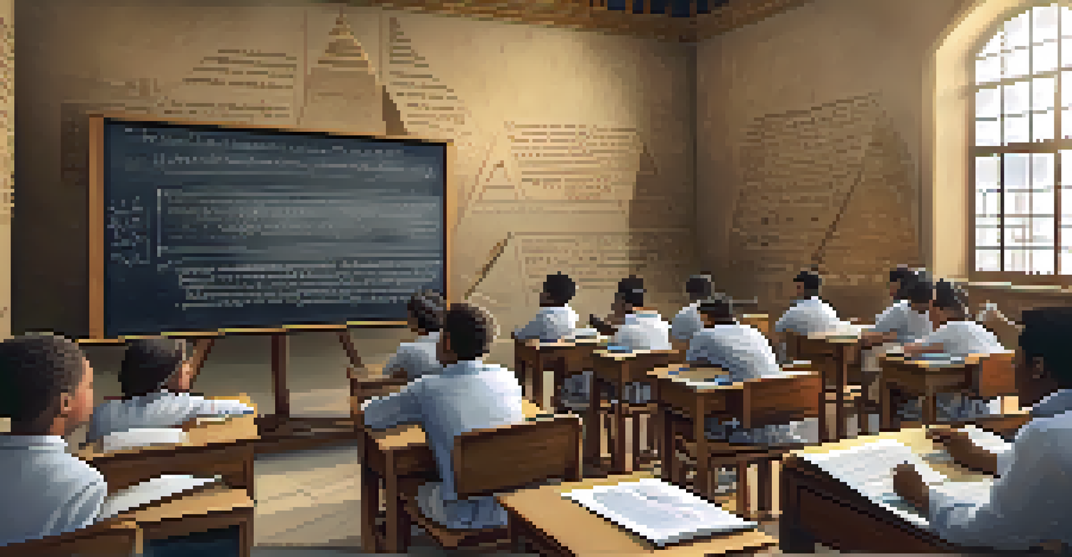 Students in a classroom using tablets to visualize 3D models of the Pyramids of Giza in augmented reality, surrounded by historical notes.