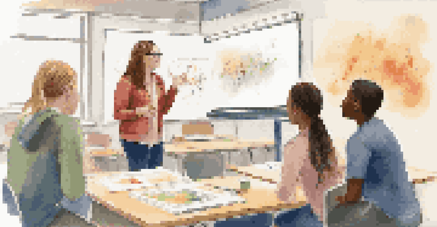 A teacher facilitating a project-based learning session with high school students, highlighting collaboration and creativity in a modern classroom.