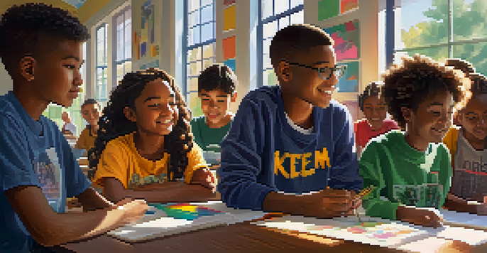 A diverse group of students collaborating on a project in a colorful classroom, with sunlight streaming through the windows.