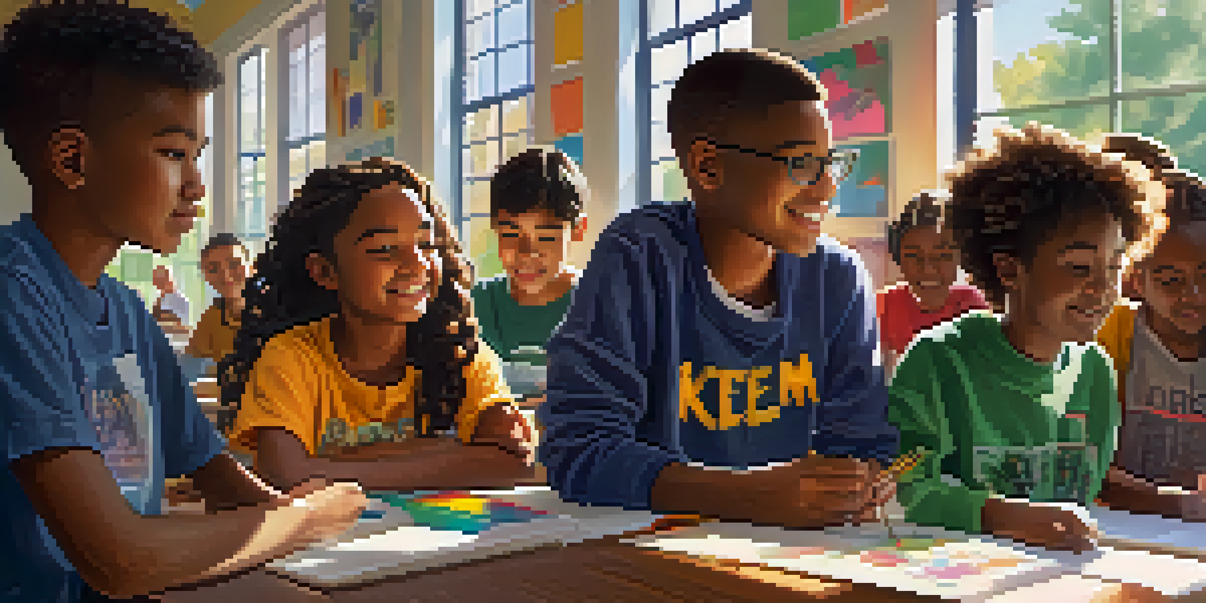 A diverse group of students collaborating on a project in a colorful classroom, with sunlight streaming through the windows.