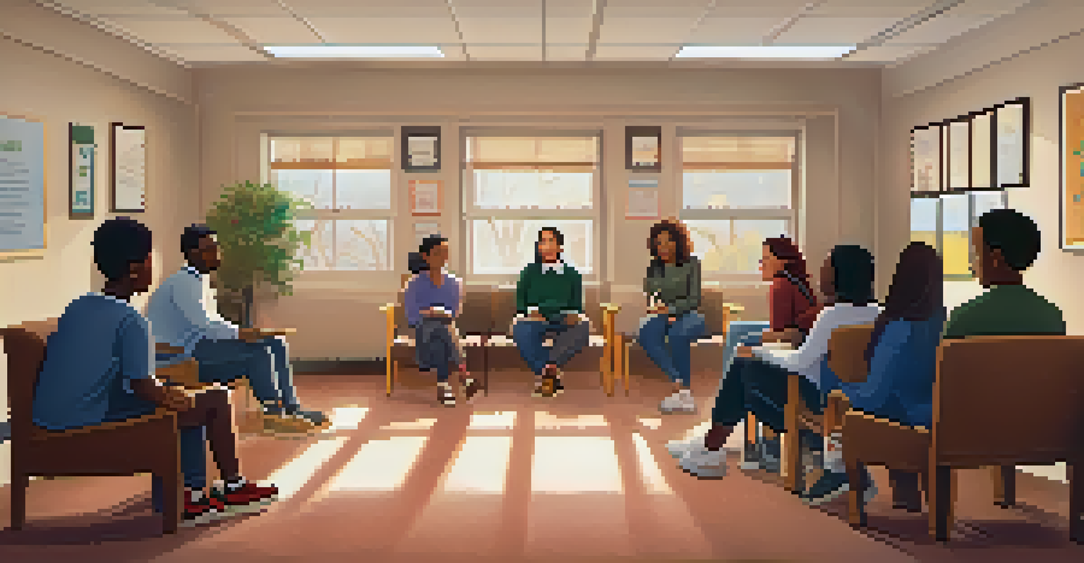 A school counseling office scene with a counselor facilitating a mental health support session for students, emphasizing safety and healing.
