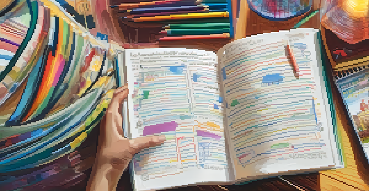 A student's hands holding a notebook filled with colorful sketches and notes about a historical event in a cozy classroom nook.