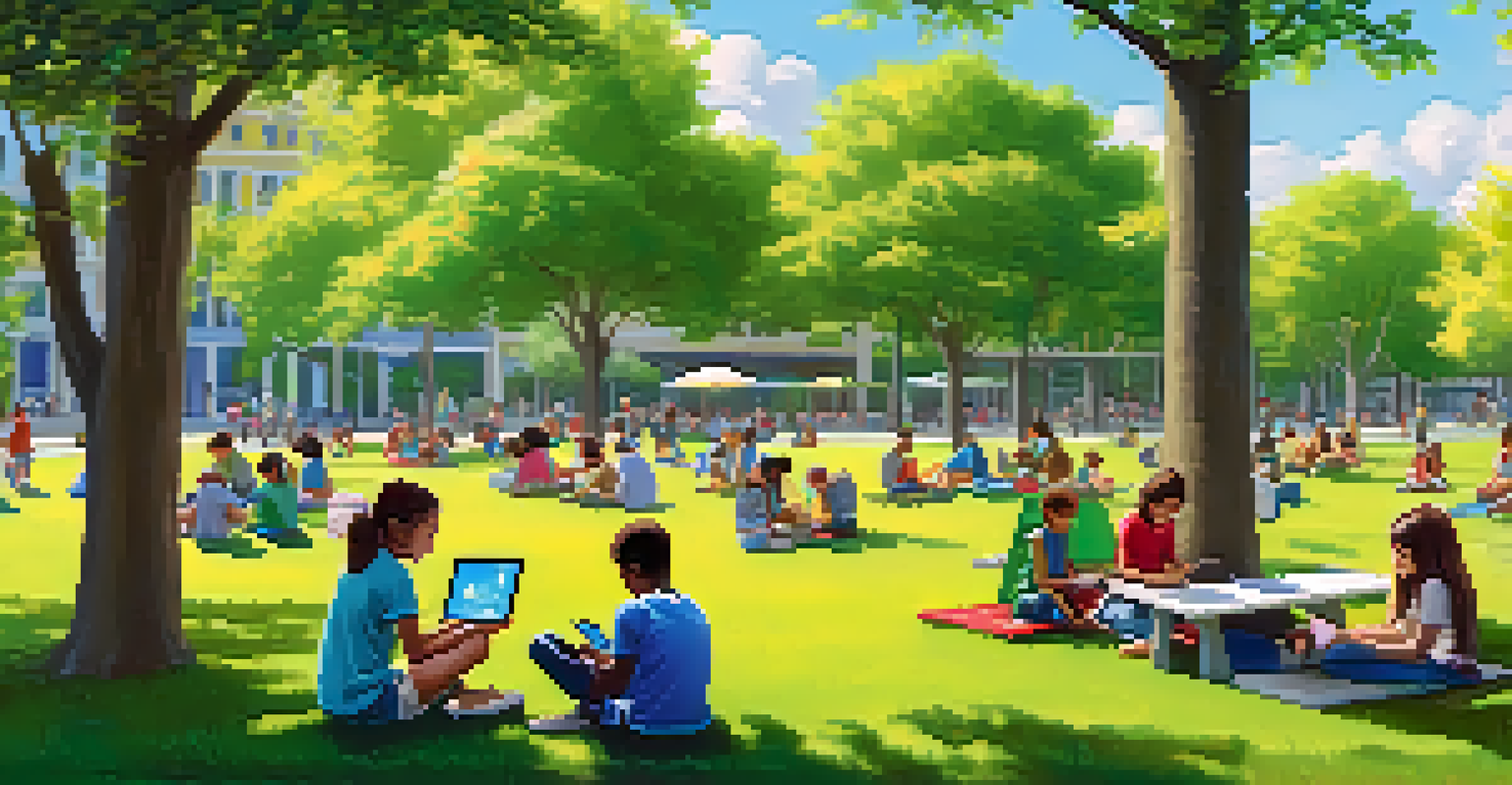 Children using tablets and laptops in a park while parents observe, showcasing technology access in community spaces.