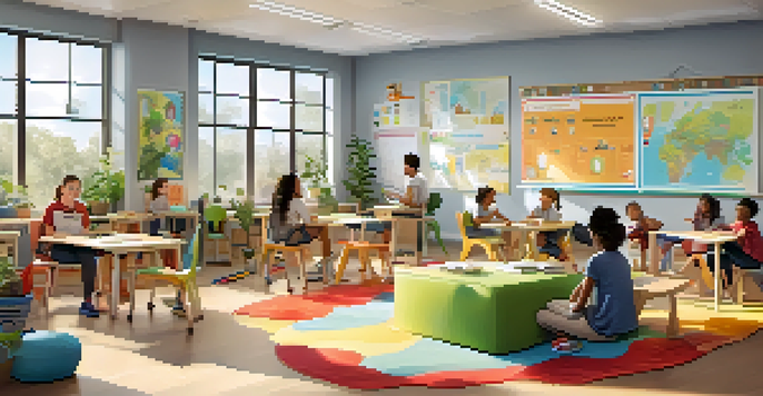 A vibrant classroom with natural light, flexible seating, and students collaborating happily in a supportive environment.