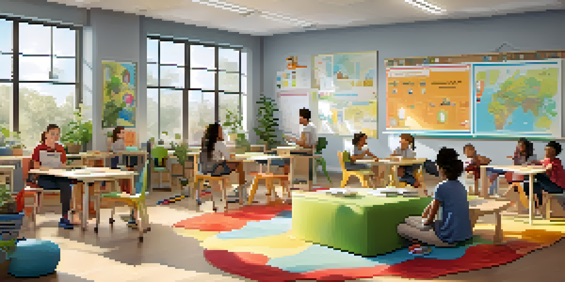 A vibrant classroom with natural light, flexible seating, and students collaborating happily in a supportive environment.