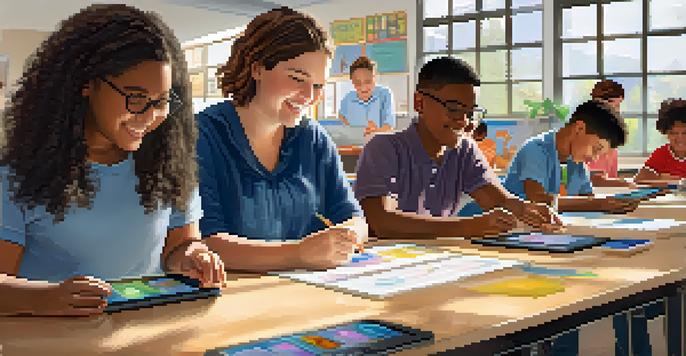 A diverse classroom with students using assistive technology, including tablets and speech-to-text devices, in a bright and welcoming environment.