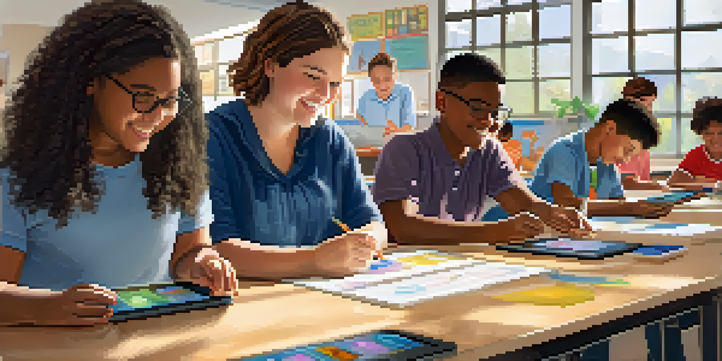 A diverse classroom with students using assistive technology, including tablets and speech-to-text devices, in a bright and welcoming environment.