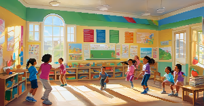 A lively classroom with children participating in a physical activity break, filled with joy and sunlight.