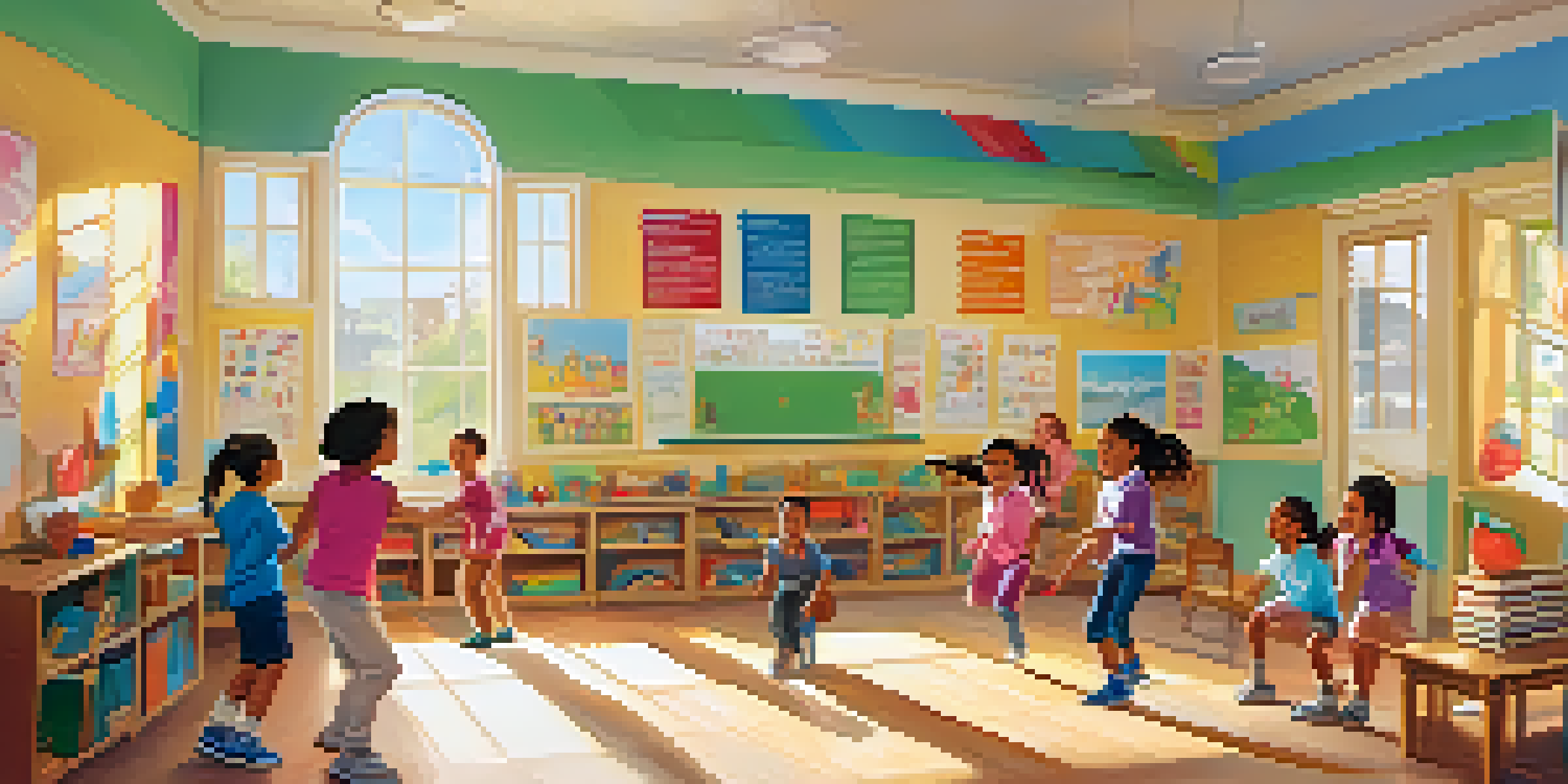 A lively classroom with children participating in a physical activity break, filled with joy and sunlight.