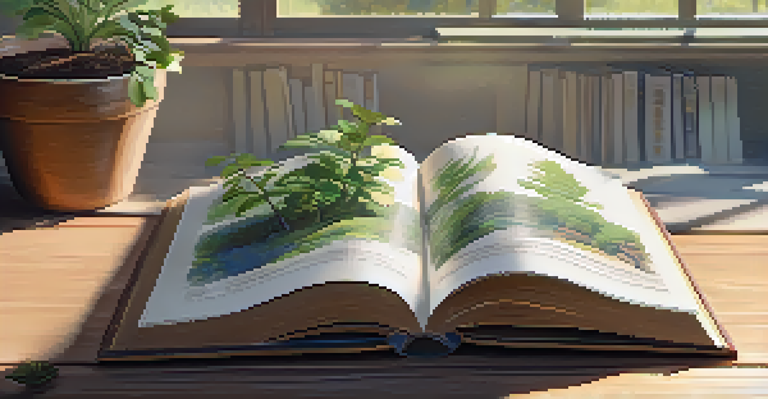 An open book with nature illustrations on a table, with a small plant beside it.