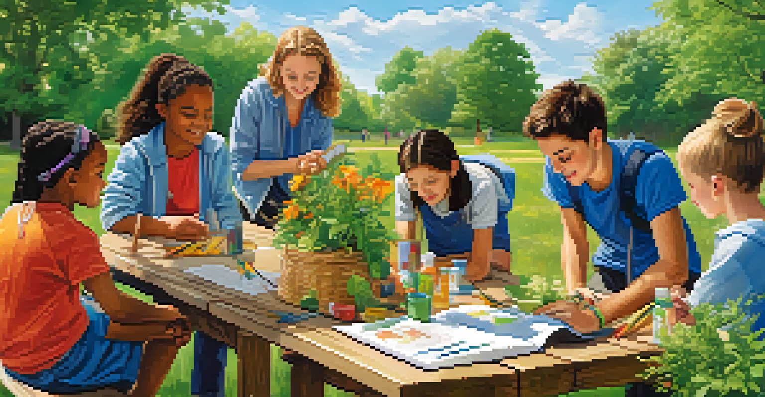 A group of students outdoors in a park, engaged in a hands-on nature project, surrounded by greenery and flowers.