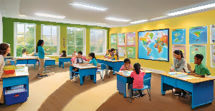 A diverse group of children in a bright classroom, engaged in hands-on learning with a teacher guiding them.