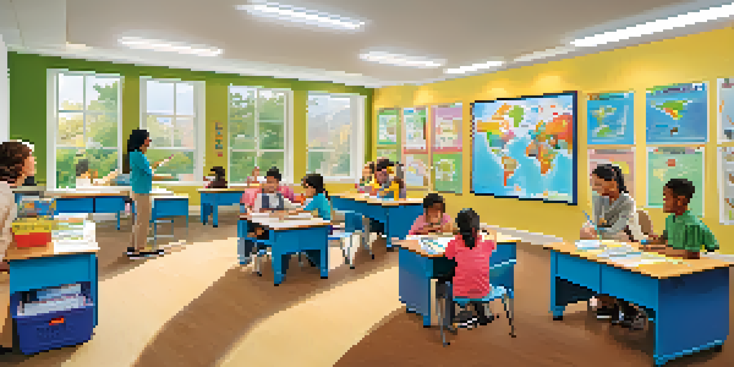 A diverse group of children in a bright classroom, engaged in hands-on learning with a teacher guiding them.
