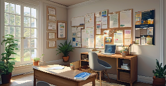 A warm and inviting home study area with a wooden desk and laptop, surrounded by books and a plant, illuminated by natural light from a window.
