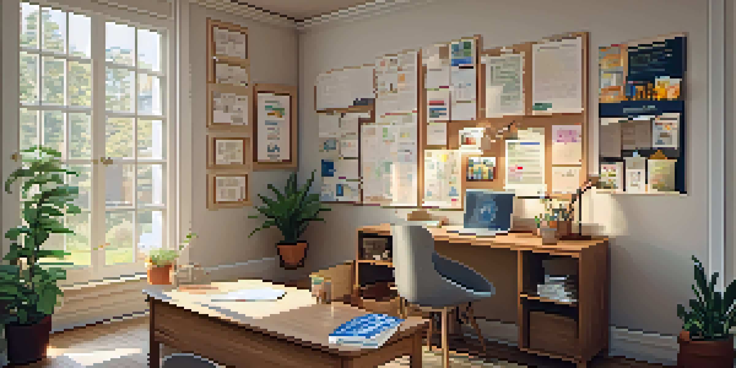 A warm and inviting home study area with a wooden desk and laptop, surrounded by books and a plant, illuminated by natural light from a window.