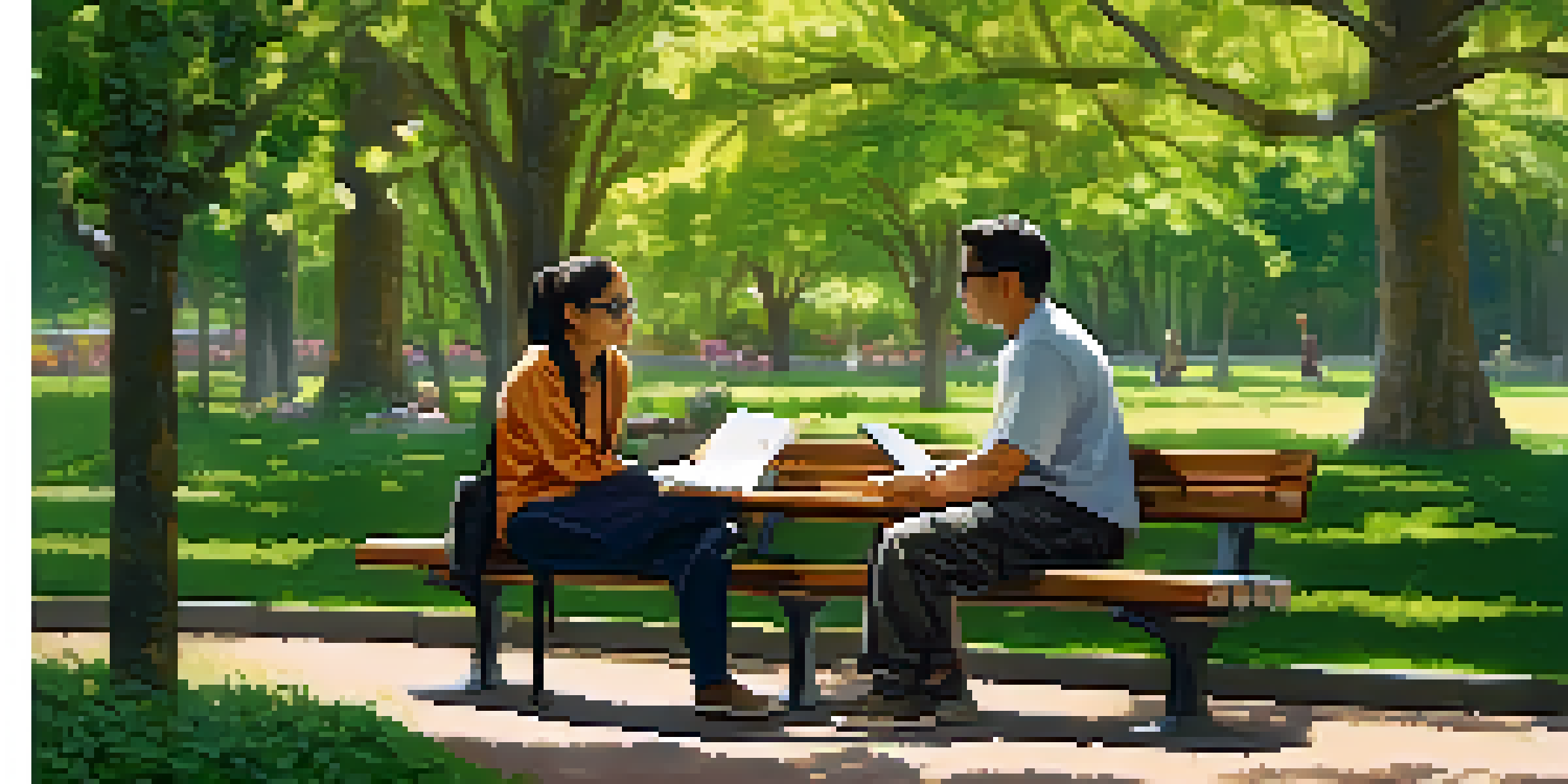 A mentor and mentee engaged in conversation on a park bench surrounded by flowers and trees.