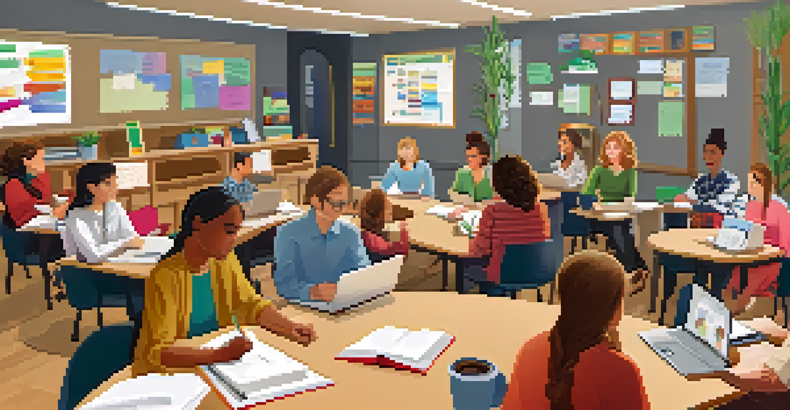Teachers in a classroom collaborating around a table with notebooks and laptops, surrounded by educational decor.