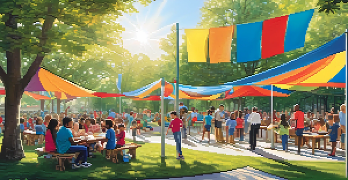 A lively community event in a park with families and children participating in educational activities, surrounded by colorful banners.