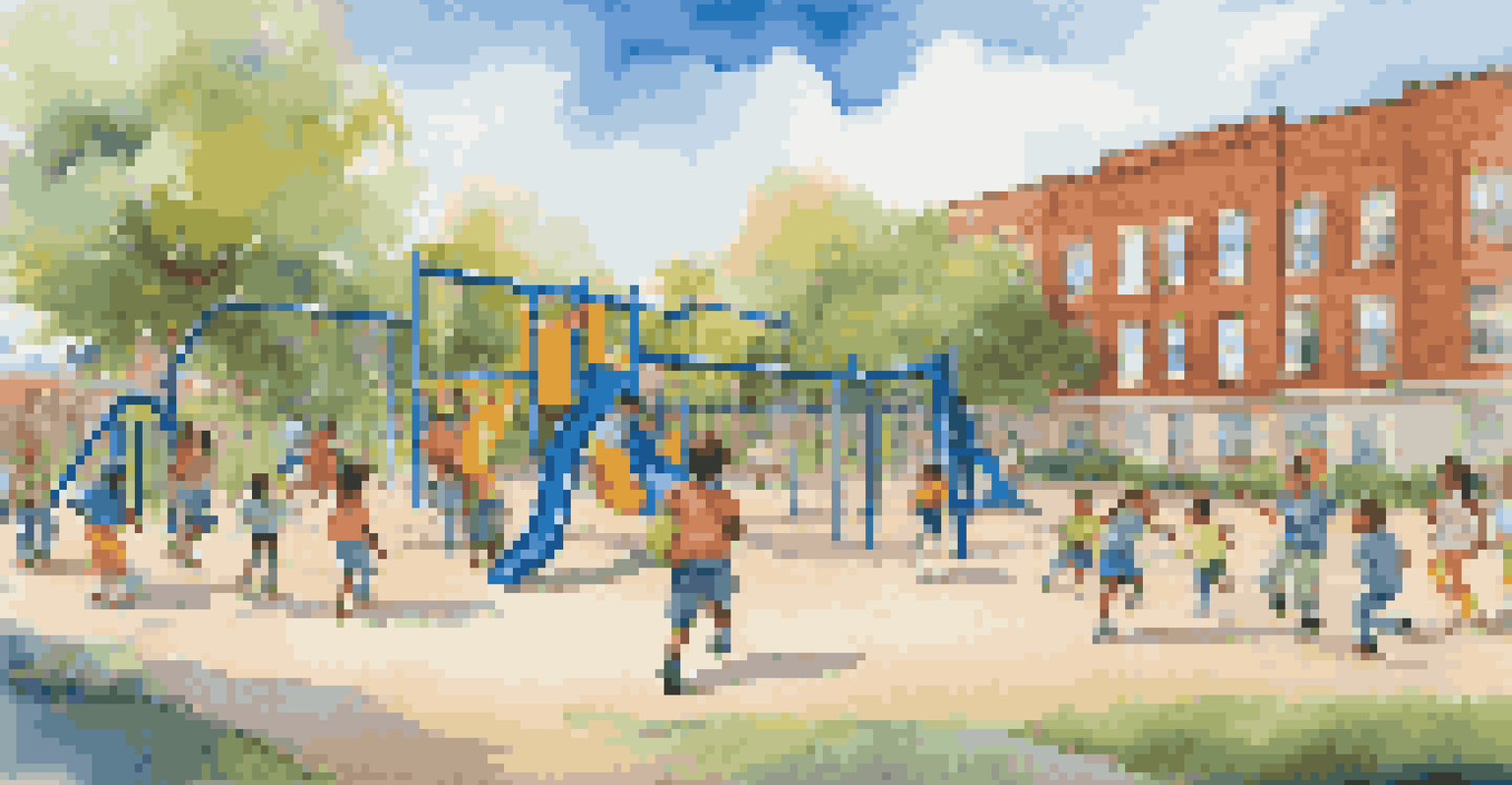 Children playing happily in a vibrant school playground, with a sign that promotes investment in education under a bright blue sky.