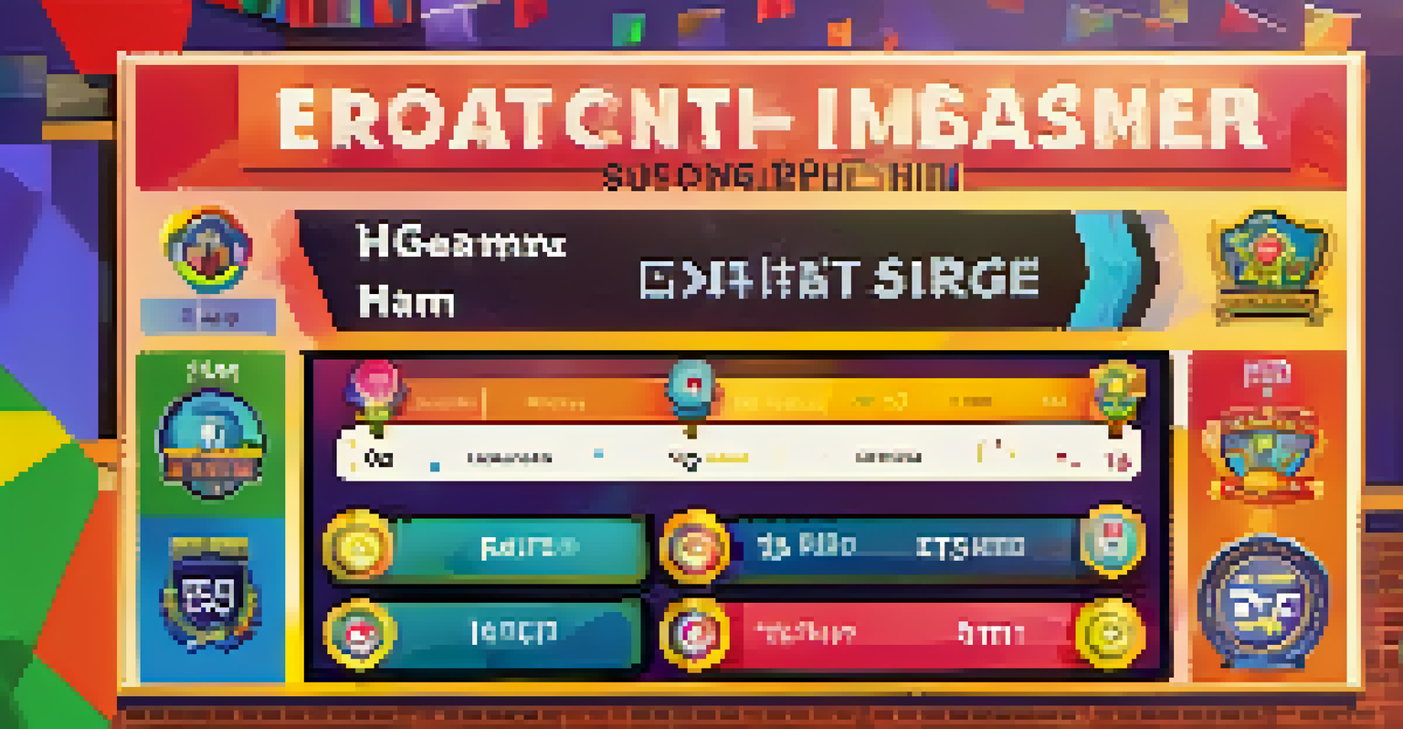 A digital screen displaying a leaderboard with student names and scores, surrounded by colorful graphics representing achievements and badges.