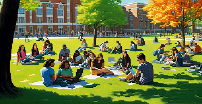 A lively college campus with students using laptops, chatting, and surrounded by colorful banners and greenery under a sunny sky.