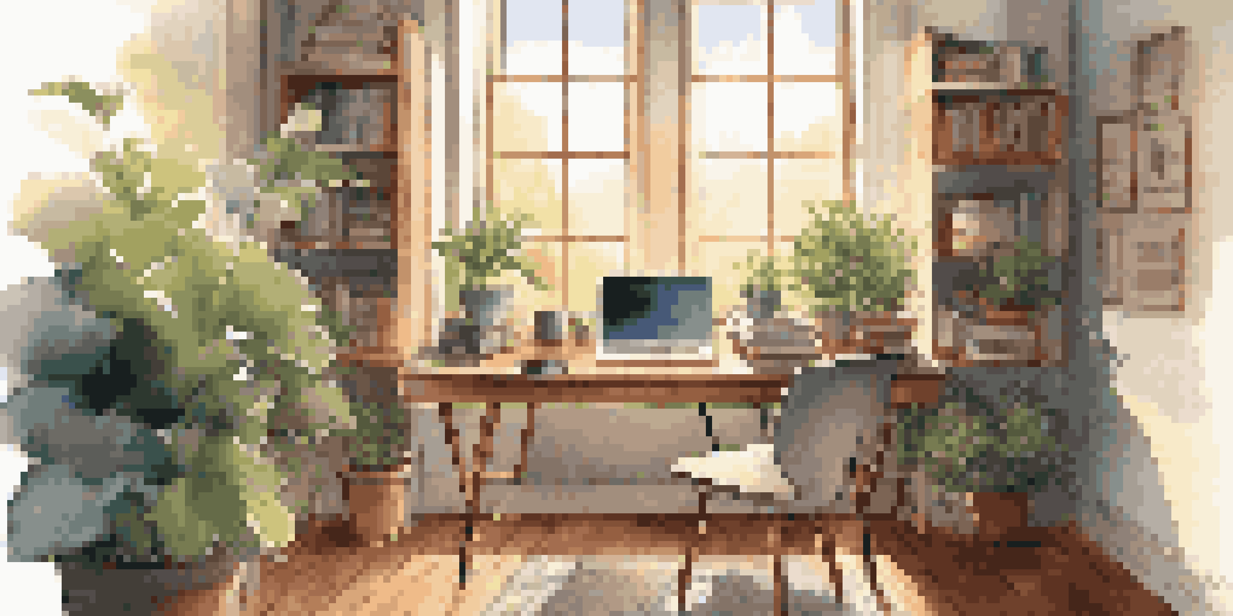 A warm and inviting home office with a laptop, books, coffee, and plants in a sunlit room.