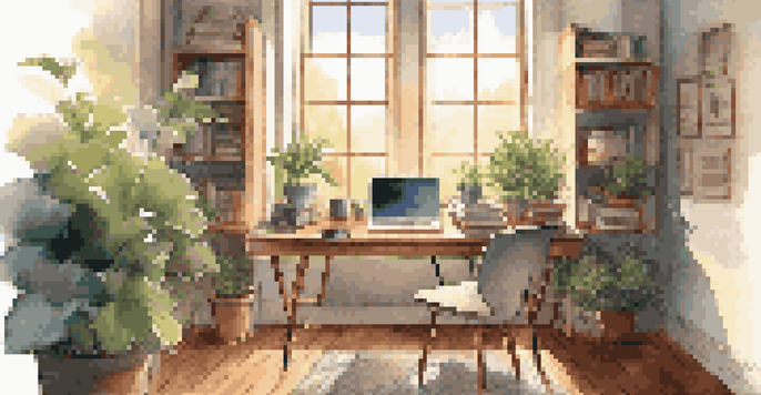 A warm and inviting home office with a laptop, books, coffee, and plants in a sunlit room.