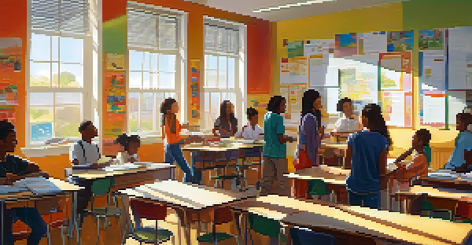 A bright classroom with diverse students collaborating around a table filled with educational materials, illuminated by sunlight.