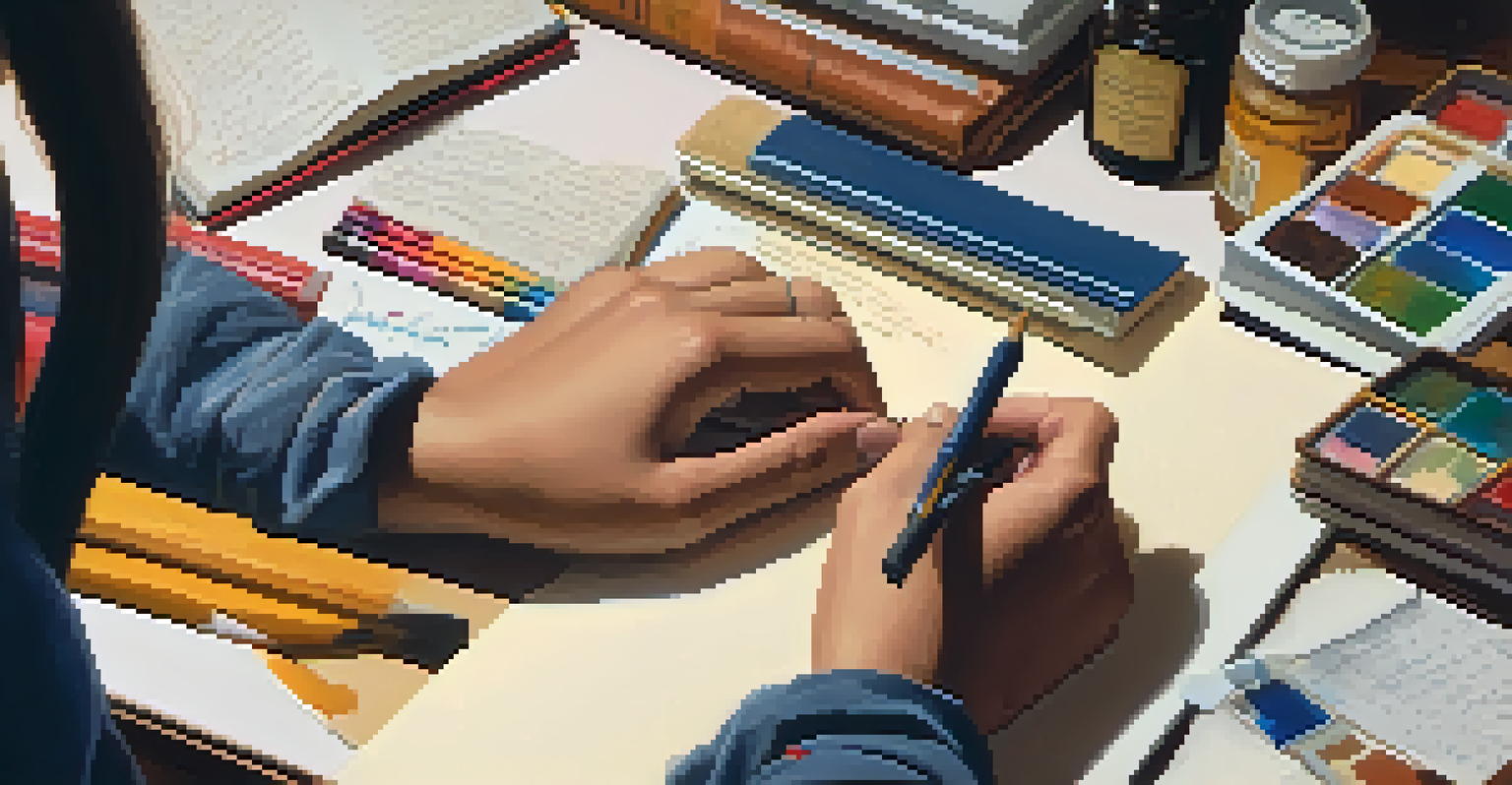 A close-up view of a student's hands writing reflections in a notebook, surrounded by art supplies and personal items that represent their culture.