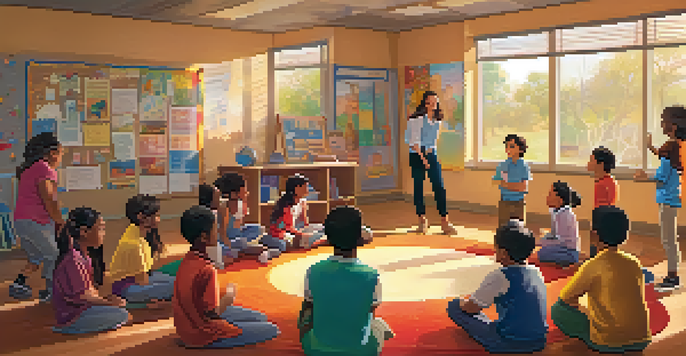 A lively classroom with children acting out a story, surrounded by colorful educational materials and a smiling teacher.