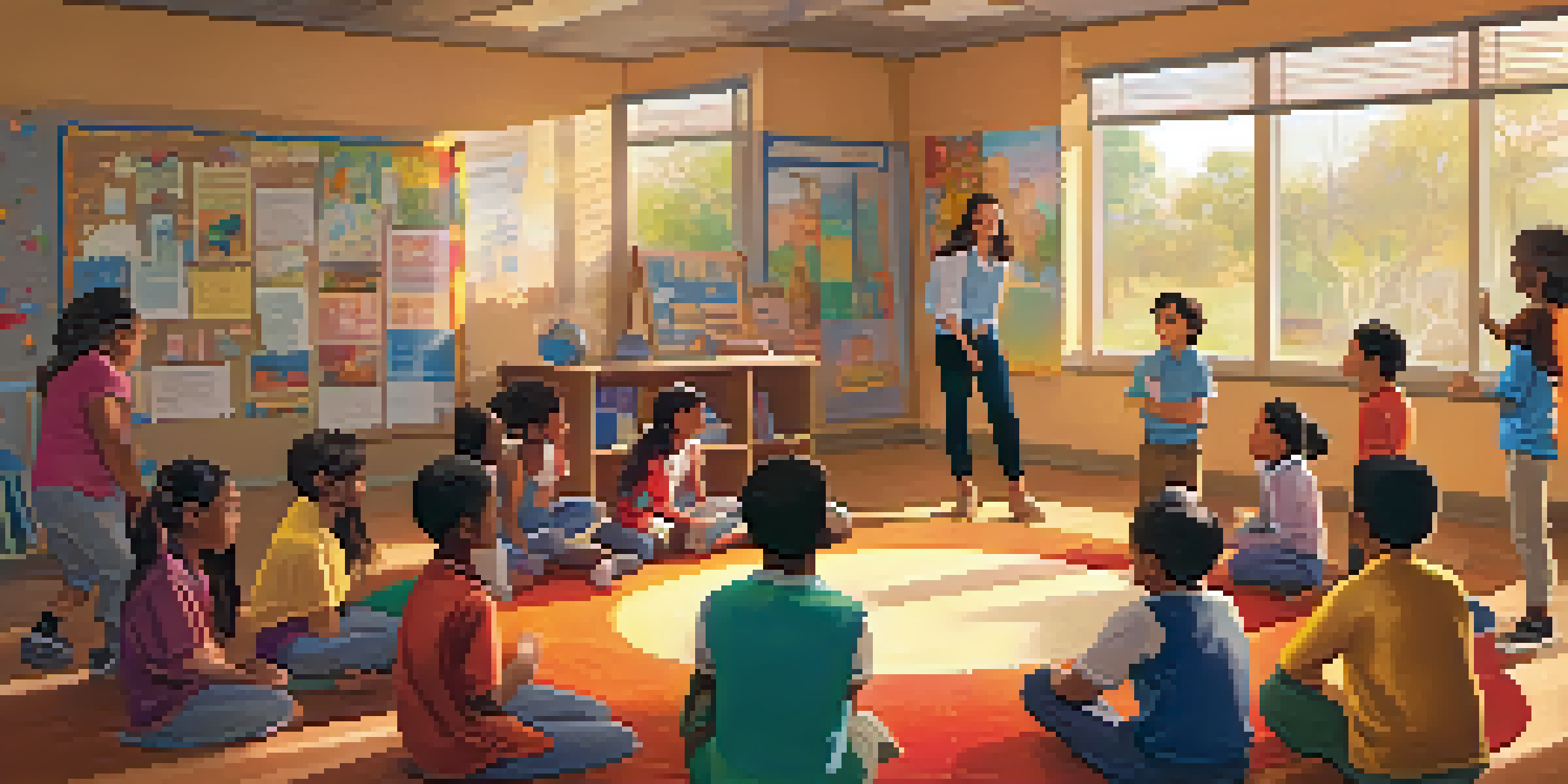A lively classroom with children acting out a story, surrounded by colorful educational materials and a smiling teacher.