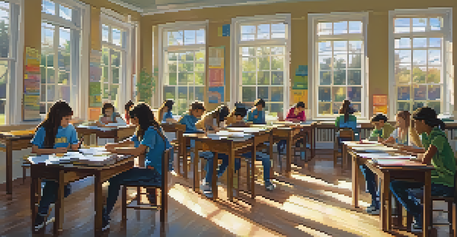 Students collaborating on a group project in a bright classroom, surrounded by books and art supplies, illustrating teamwork and communication.