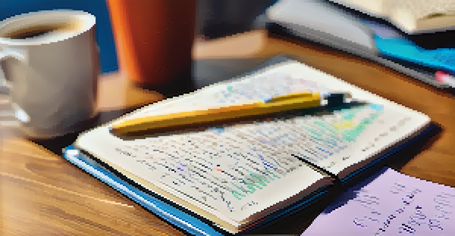 A close-up of an open language journal with colorful notes and vocabulary, alongside a pen and a blurred cup of coffee.