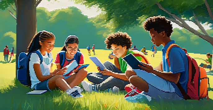 A group of diverse students using mobile devices to learn together on a grassy hill under a clear blue sky.