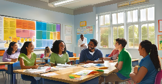 A diverse group of adult learners in a colorful classroom, laughing and discussing, with a whiteboard and educational posters in the background.