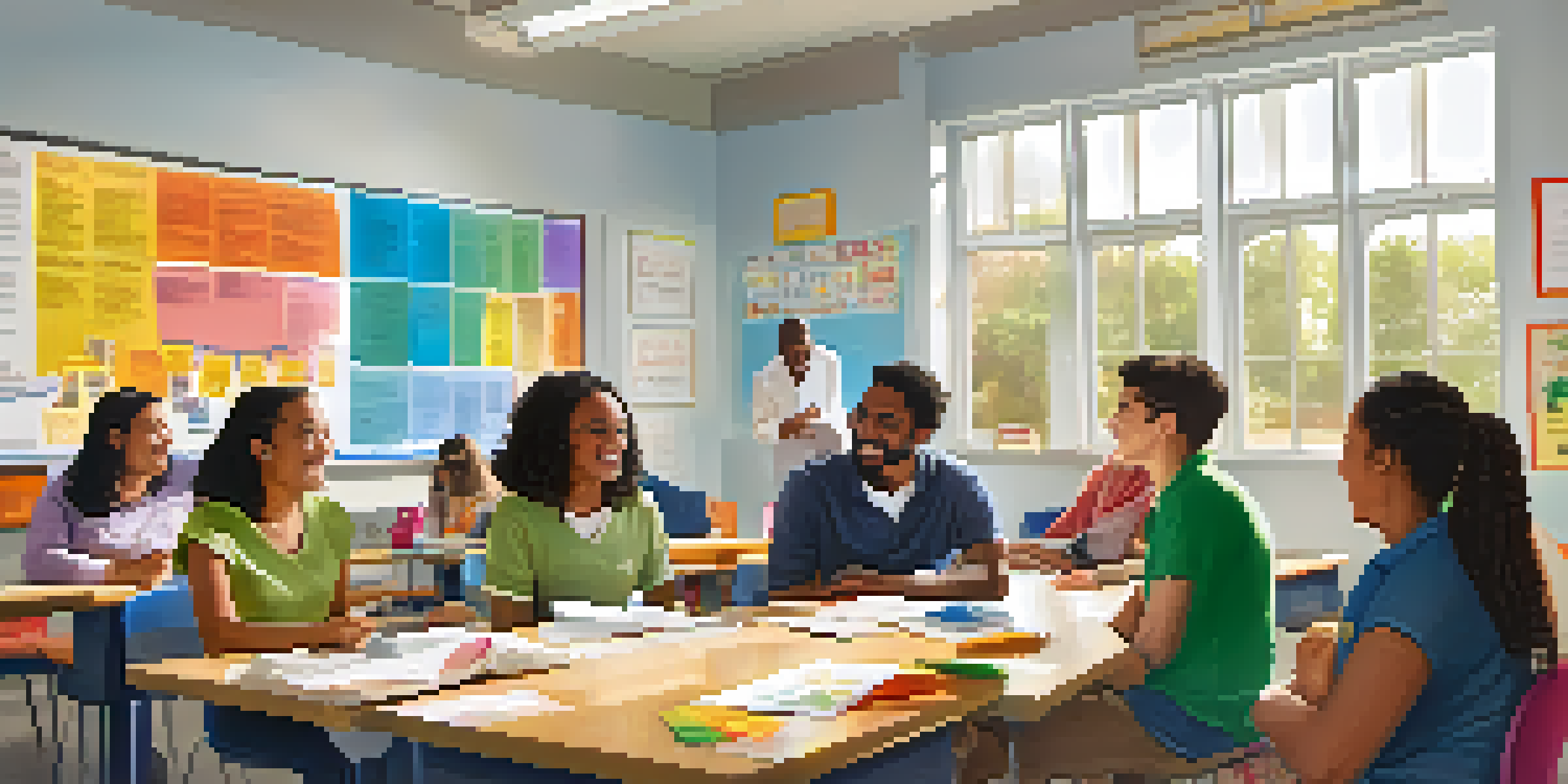 A diverse group of adult learners in a colorful classroom, laughing and discussing, with a whiteboard and educational posters in the background.