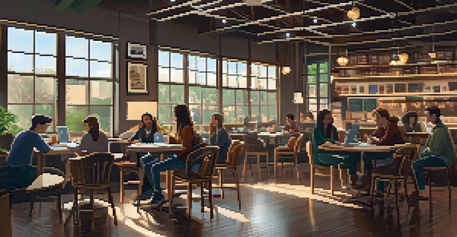 A cozy coffee shop setting with students studying together, laptops and books on the table, creating a relaxed and productive atmosphere.