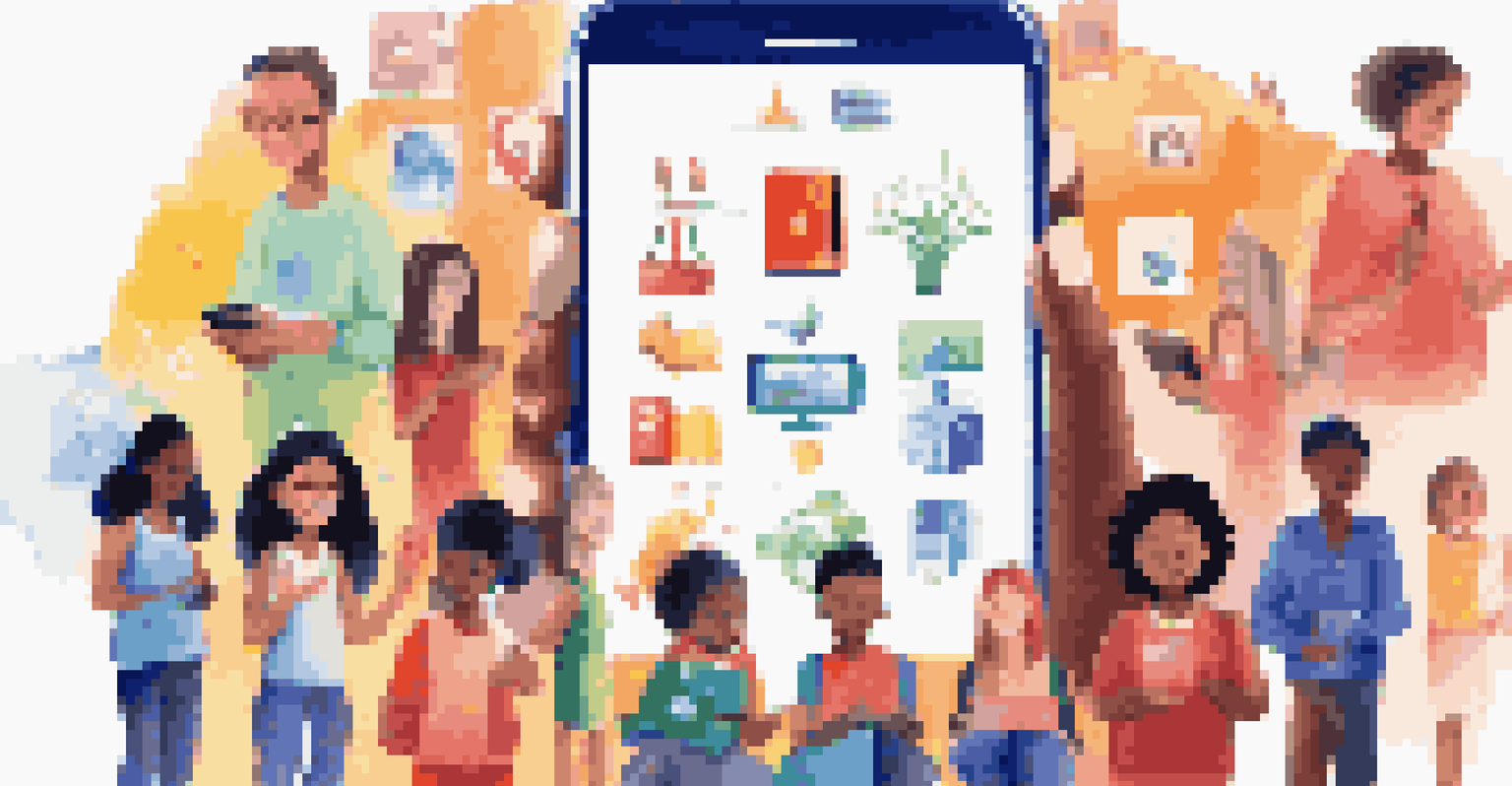 A smartphone with an educational app in the foreground, surrounded by diverse students engaged in learning.