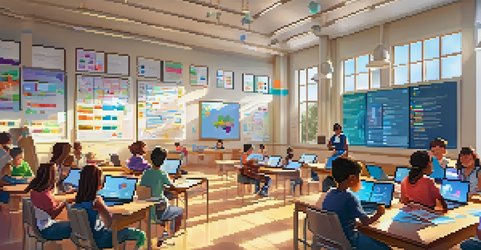 A lively classroom with students participating in a gamified learning environment, showcasing diversity and interaction.