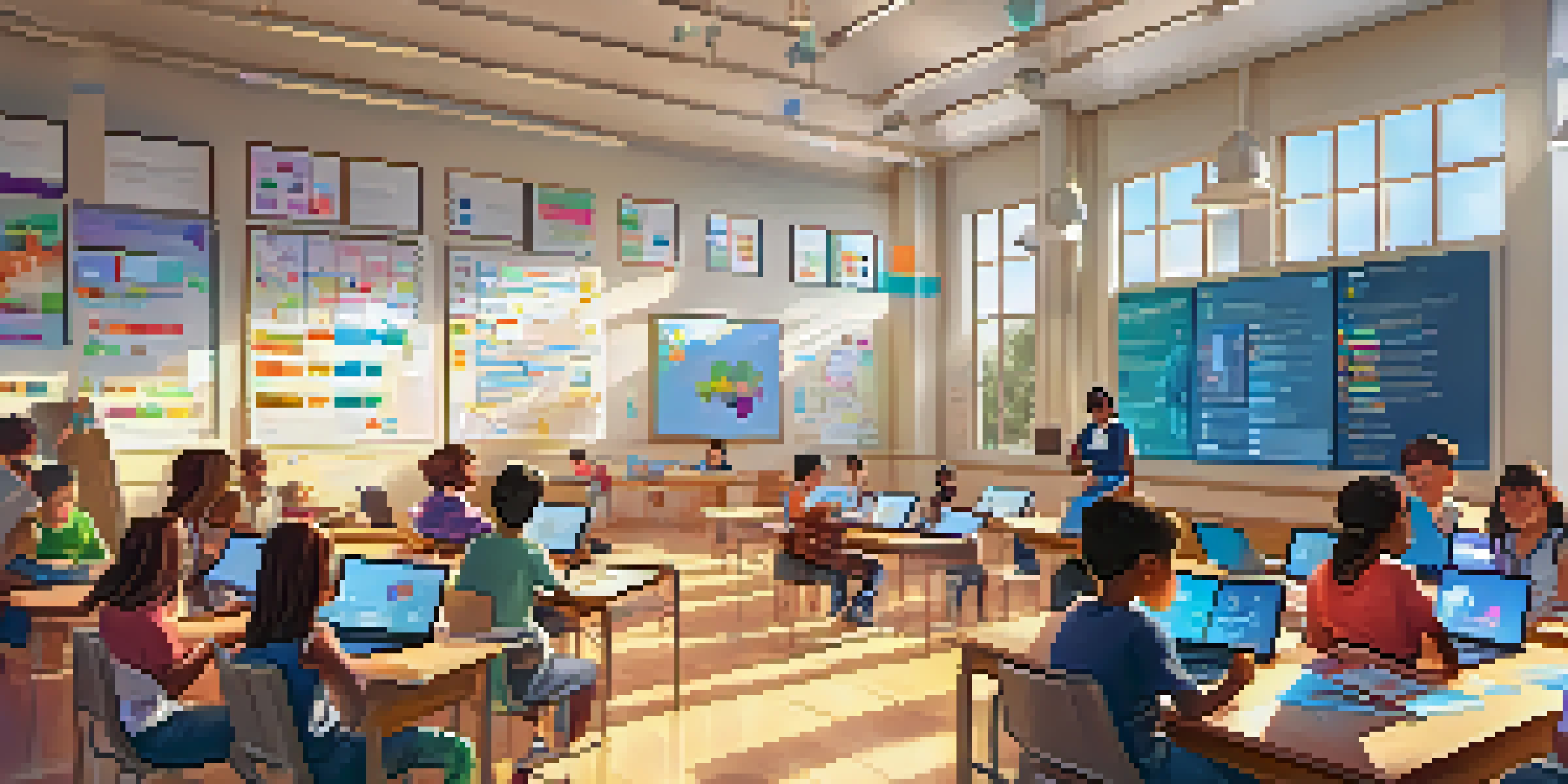 A lively classroom with students participating in a gamified learning environment, showcasing diversity and interaction.