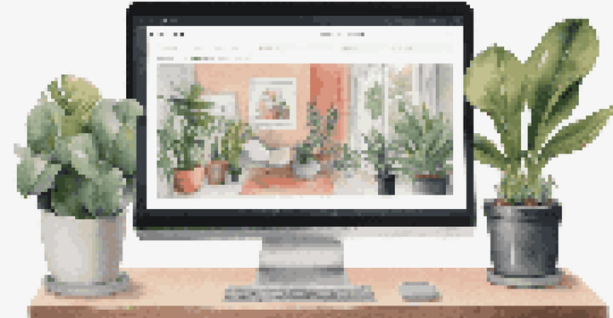 A laptop screen showing a colorful digital portfolio with design projects, placed on a tidy desk with a bright, natural light coming in from a window.