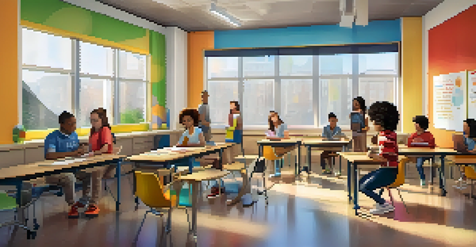 A bright classroom with diverse students using digital devices, collaborating on a project, representing inclusivity in education.