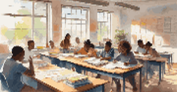 A group of diverse students collaborating in a bright classroom, surrounded by books and laptops, with sunlight streaming in through the windows.