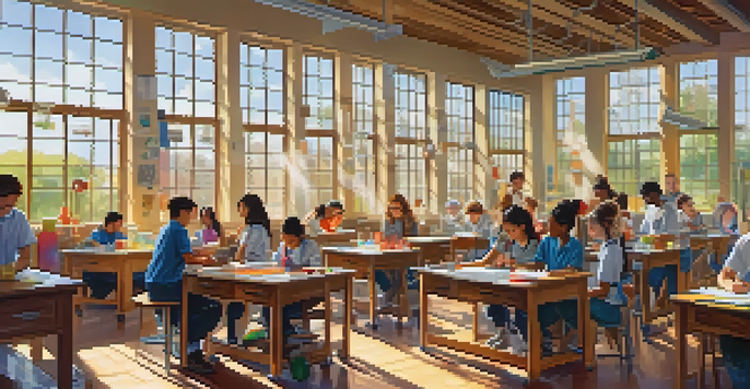 A lively classroom filled with students conducting a science experiment, with bright sunlight filtering through the windows and colorful lab equipment.
