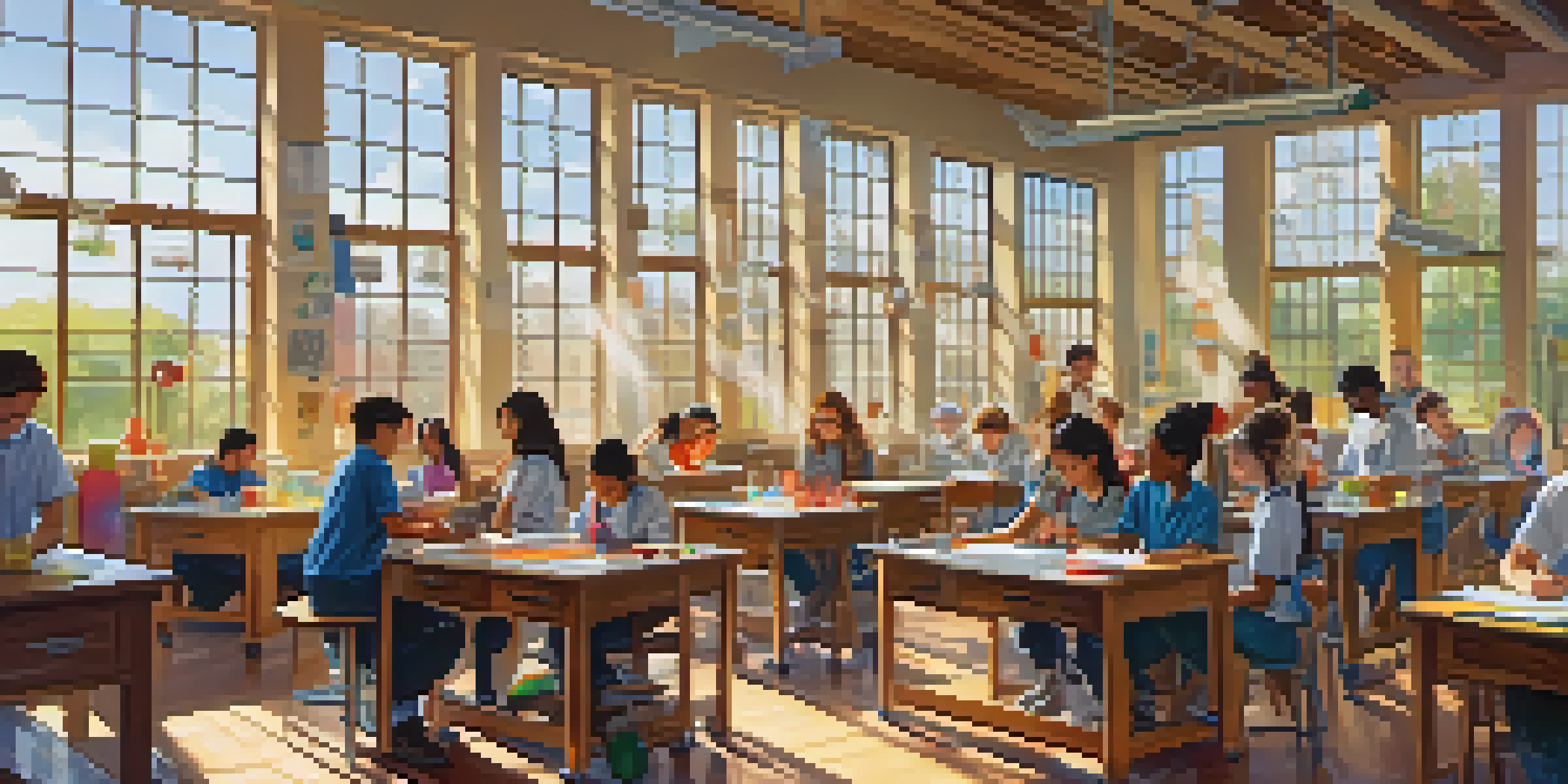 A lively classroom filled with students conducting a science experiment, with bright sunlight filtering through the windows and colorful lab equipment.