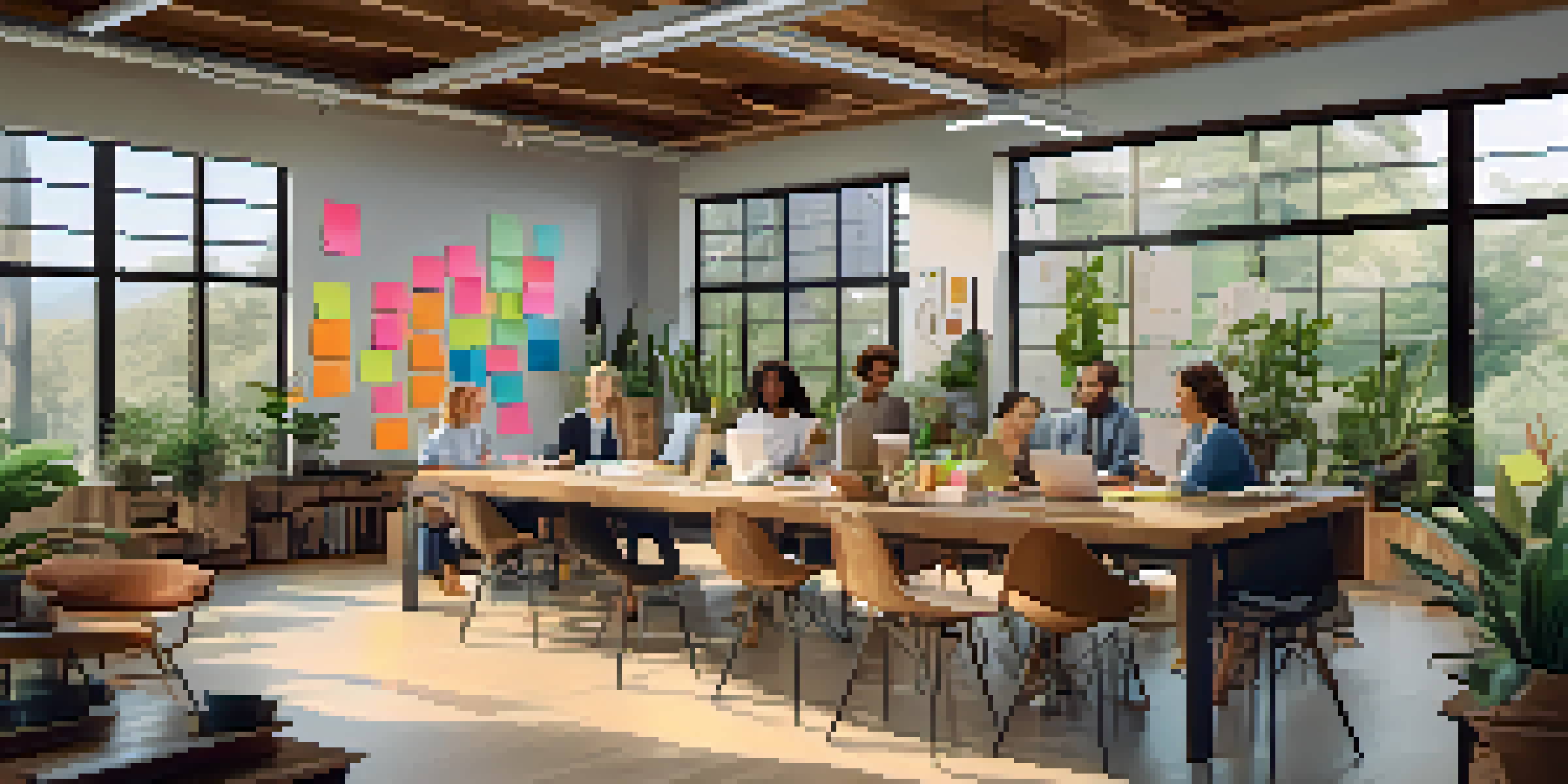 A diverse team working together in a modern office space, collaborating over laptops with sticky notes and plants around.