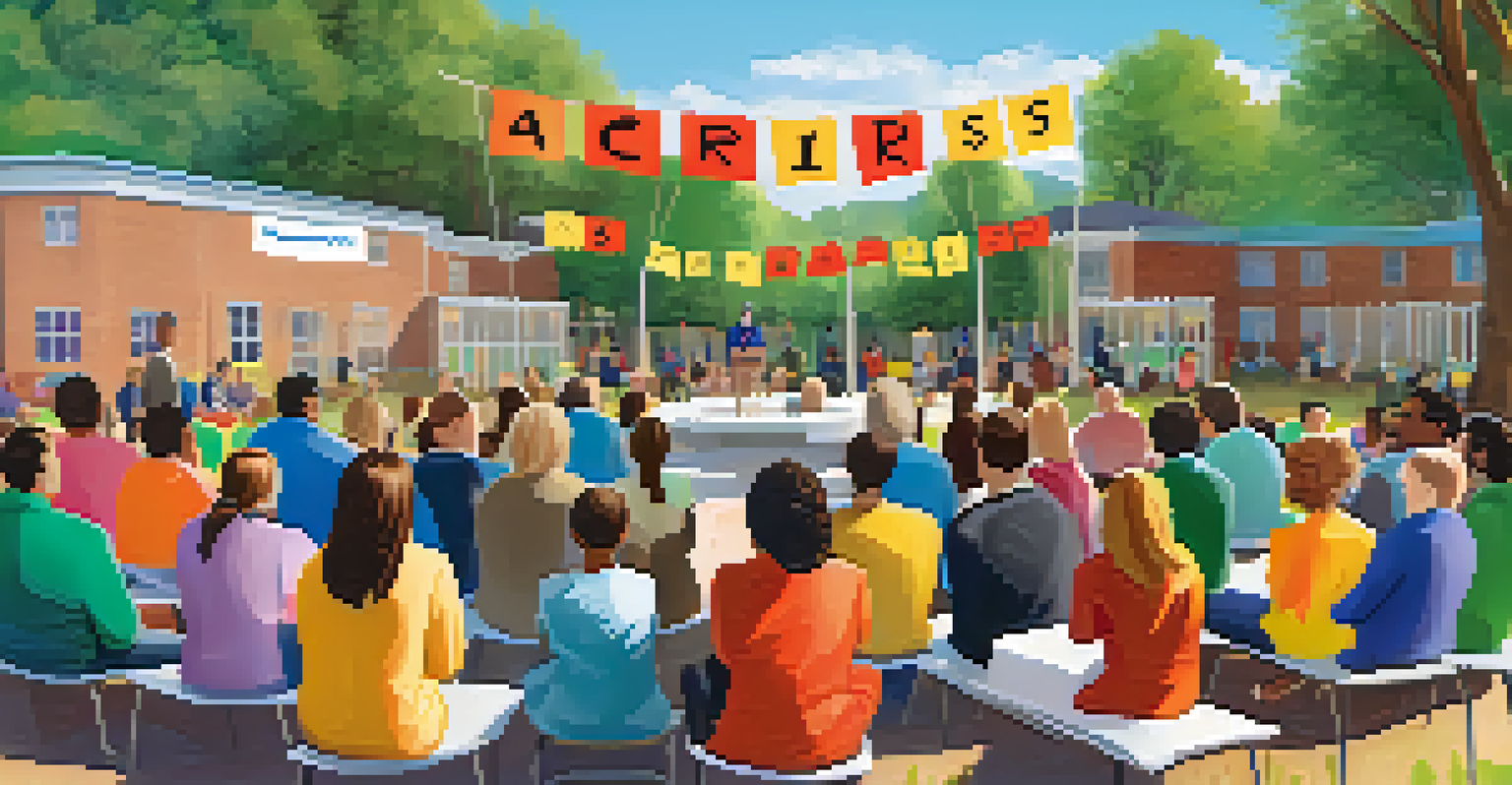 Parents and educators engaging in a live Q&A session about crisis management in a school yard, with encouraging banners in the background.